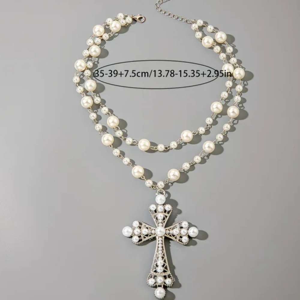 2 Piece Elegant Silver and Pearl Cross Necklace Set - Picture 4 of 4